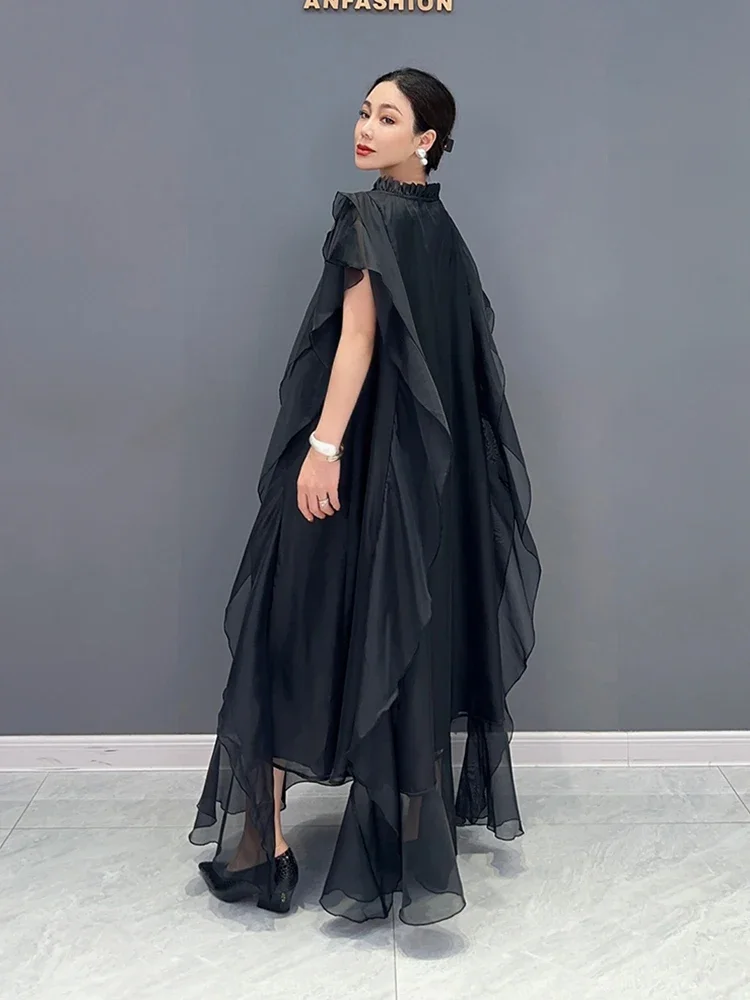 XITAO-Robe à bords volantés pour femme, col rond, noir, mode, simplicité, tempérament, été, nouveau, 20144