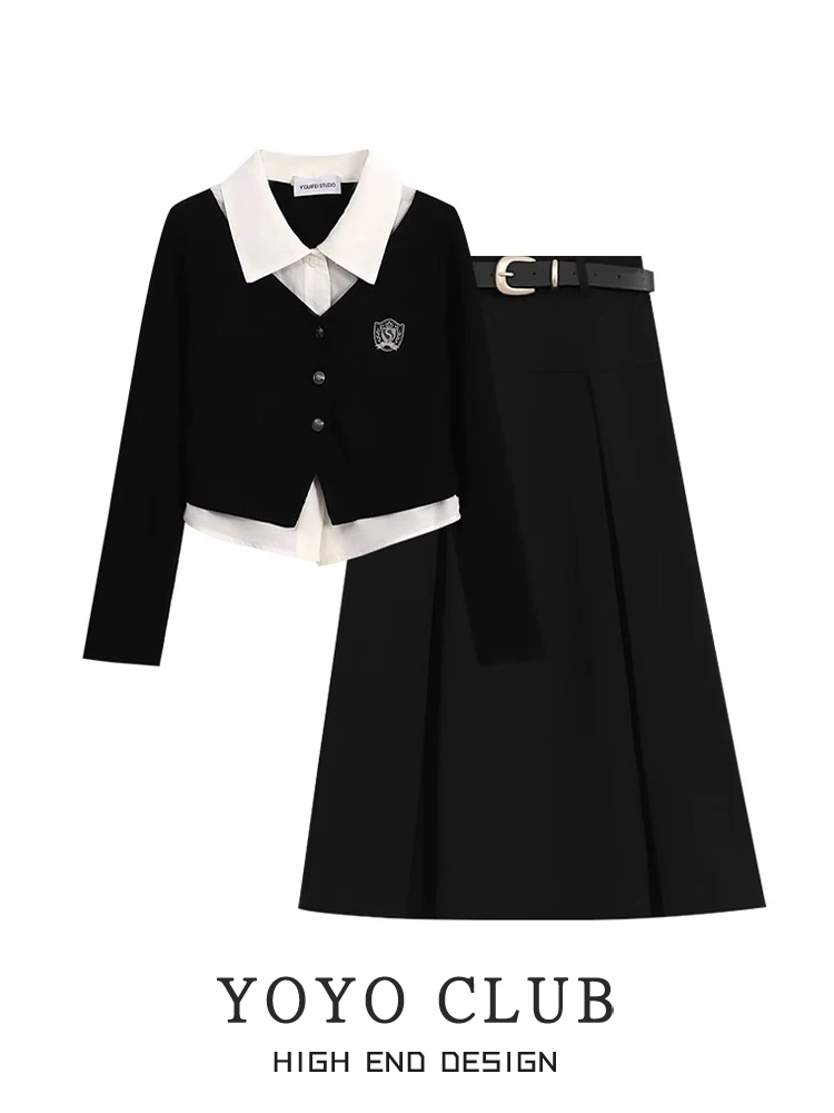 

YOYO CLUB Осенний модный вязаный комплект из длинной юбки, искусственная двухсекционная юбка трапециевидной формы длиной f, женский костюм из смеси хлопка