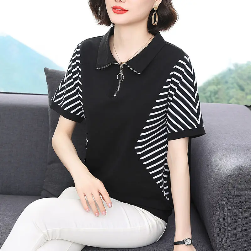 Women's Clothing Polo-Neck Zipper T-shirt Fashion Striped Patchwork All-match Summer Casual Short Sleeve Korean Loose Pullovers