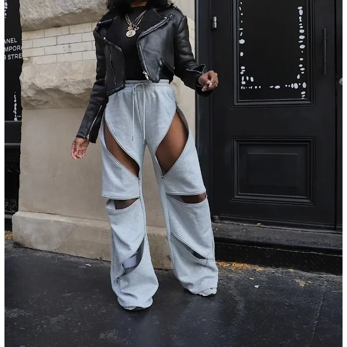 

Flared Pants Women Streetwear Fashionable Versatile Patchwork Multi Zipper Sexy Loose Straight Trousers Spring/Summer New 2025