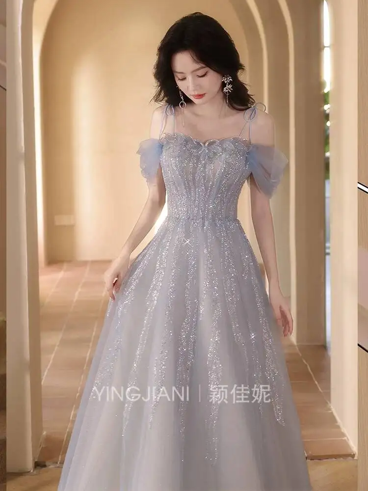 Light Blue Tulle Spaghetti Strap Evening Dress Off Shoulder Puff Sleeve A Line Sparkly Prom Wedding Formal Maxi Gown