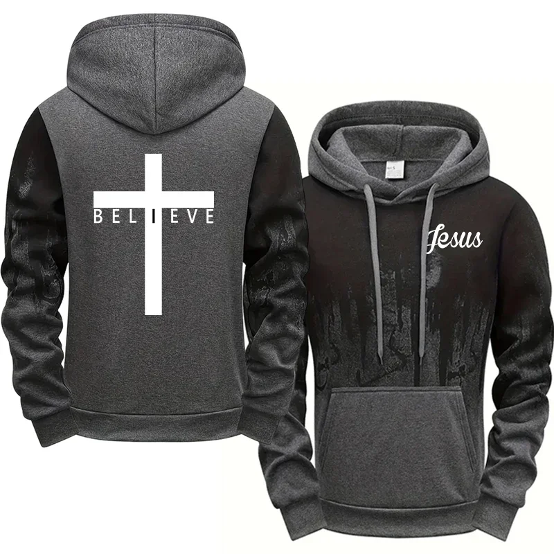 Ganzjahres-Freizeit-Sportlicher Modischer Pullover im Jesus-Kristus-Stil für Herren, Hochwertige Kapuzenpullover mit Kreuz-Print – Detail 6
