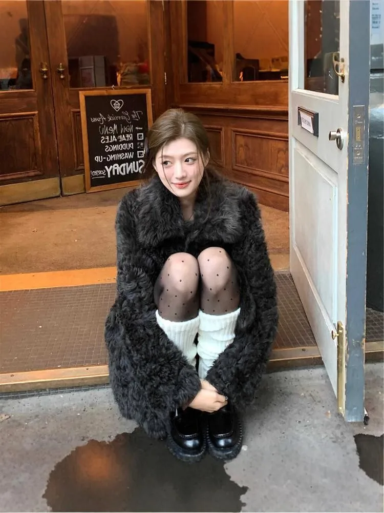 Экологичное пальто из искусственного меха, шерстяное пальто с плюшевым мишкой, длинное свековое корейское пальто для поездок на работу, свободная посадка средней длины