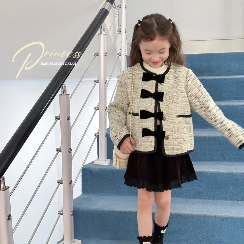 Girls Coat 202 New Autumn Childrens Clothes Girls Baby Foreign Style Fashion Senior Sense Bow Coat Casual Simple Daily