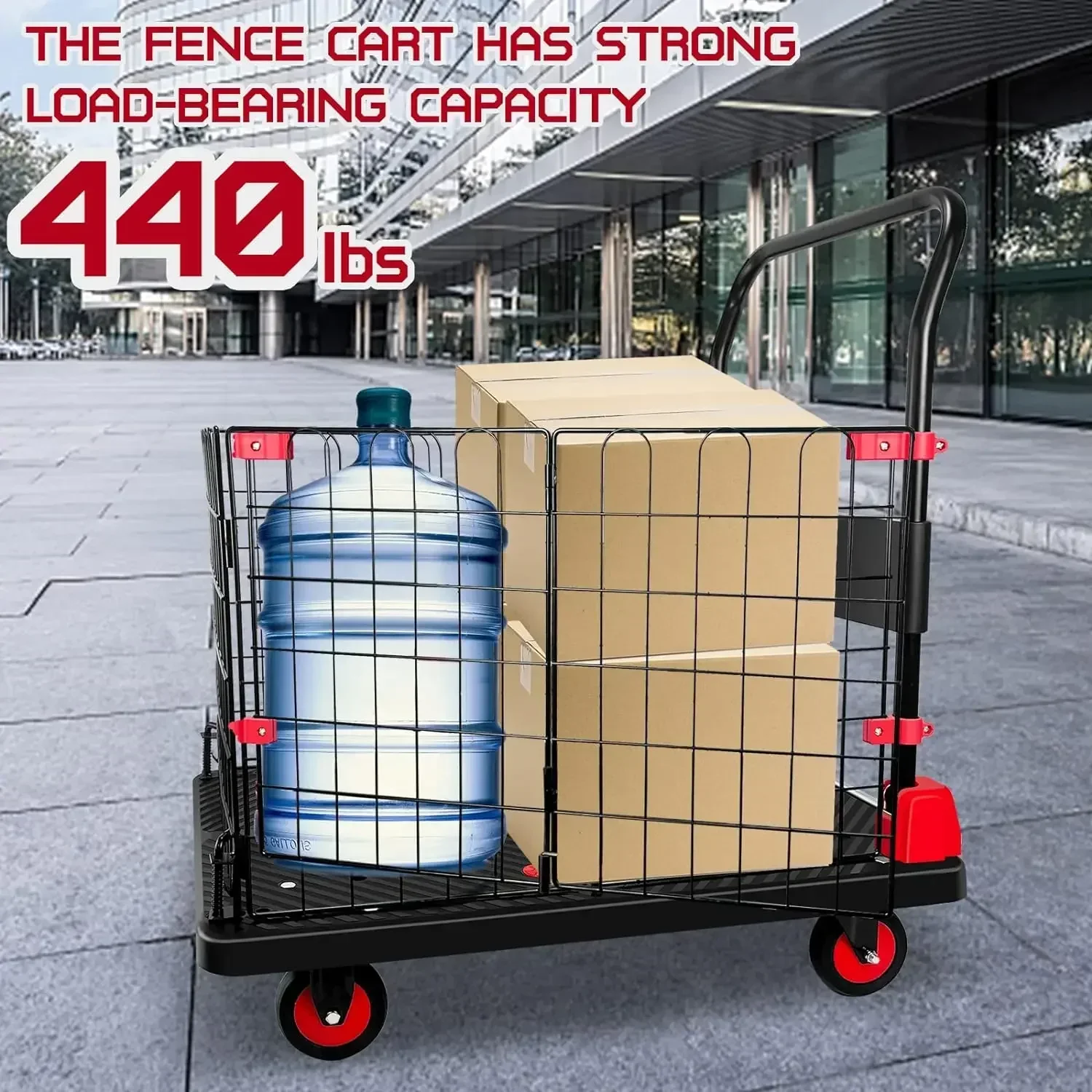 Platform Truck Cart with Cage, Foldable Push Cart Dolly 440lb Capacity w/ 5'' TPR 360 Degree Swivel Wheels, Heavy Duty