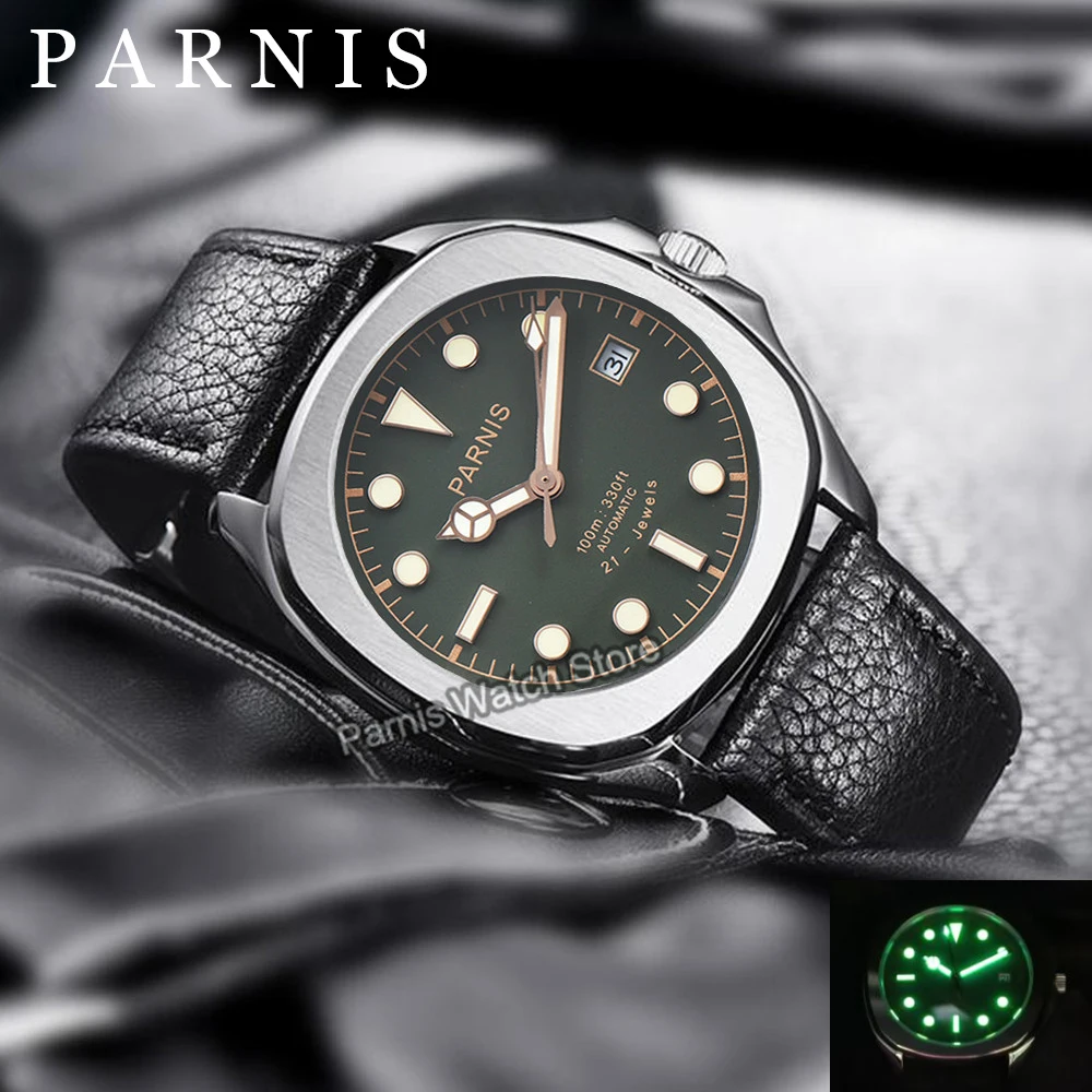 Parnis 남성용 스테인레스 스틸 기계식 손목시계, 가죽 스트랩 포함, 39mm