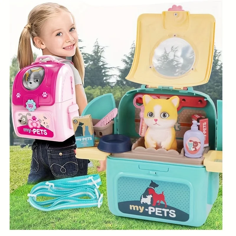 Pet Care Play Set Doctor Kit for Kids, Doctor Pretend Play Vet Dog Grooming Toys Puppy Dog Carrier Feeding Dog Backpack