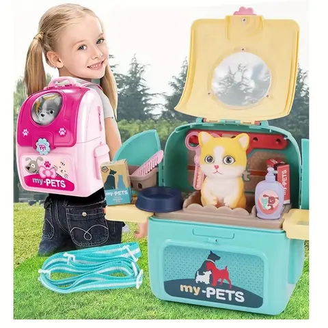 Pet Care Play Set Doctor Kit for Kids, Doctor Pretend Play Vet Dog Grooming Toys Puppy Dog Carrier Feeding Dog Backpack