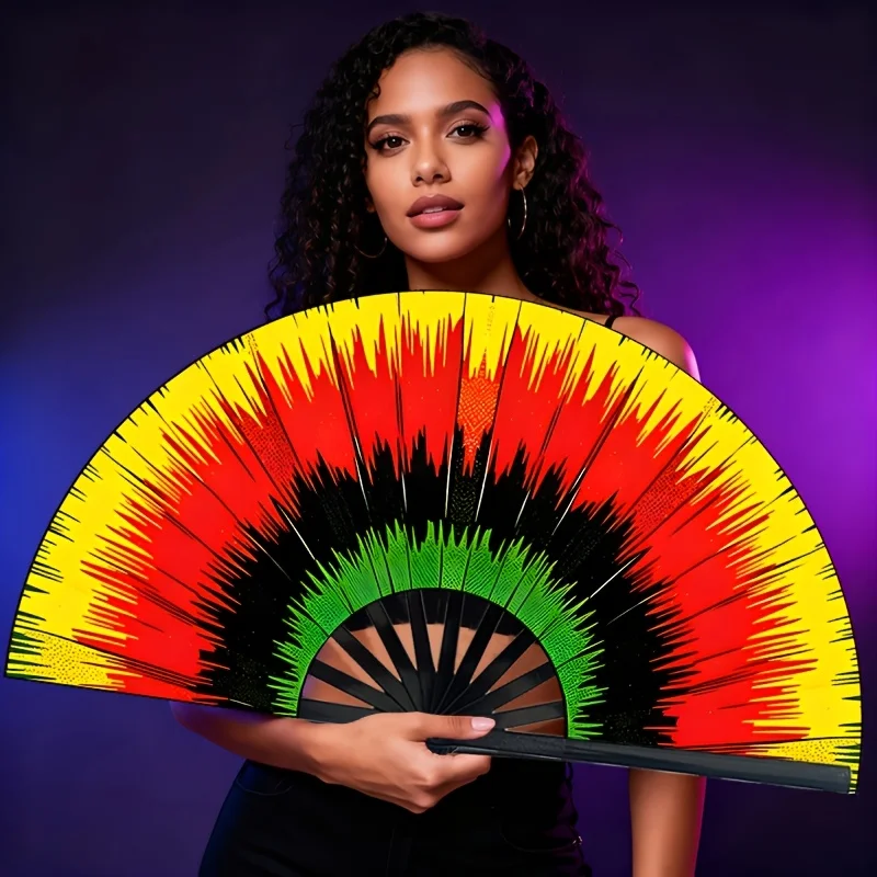 Reggae Color Gradient Folding Fan, Color Gradient Printed Folding Fan, Jamaican Style Yellow, Green, And Red Printed Design, Very Suitable for Electronic Syllable Dance Performances| Jumping Di Fan| Dressing Decoration Fan| Stage Runway| Photo P