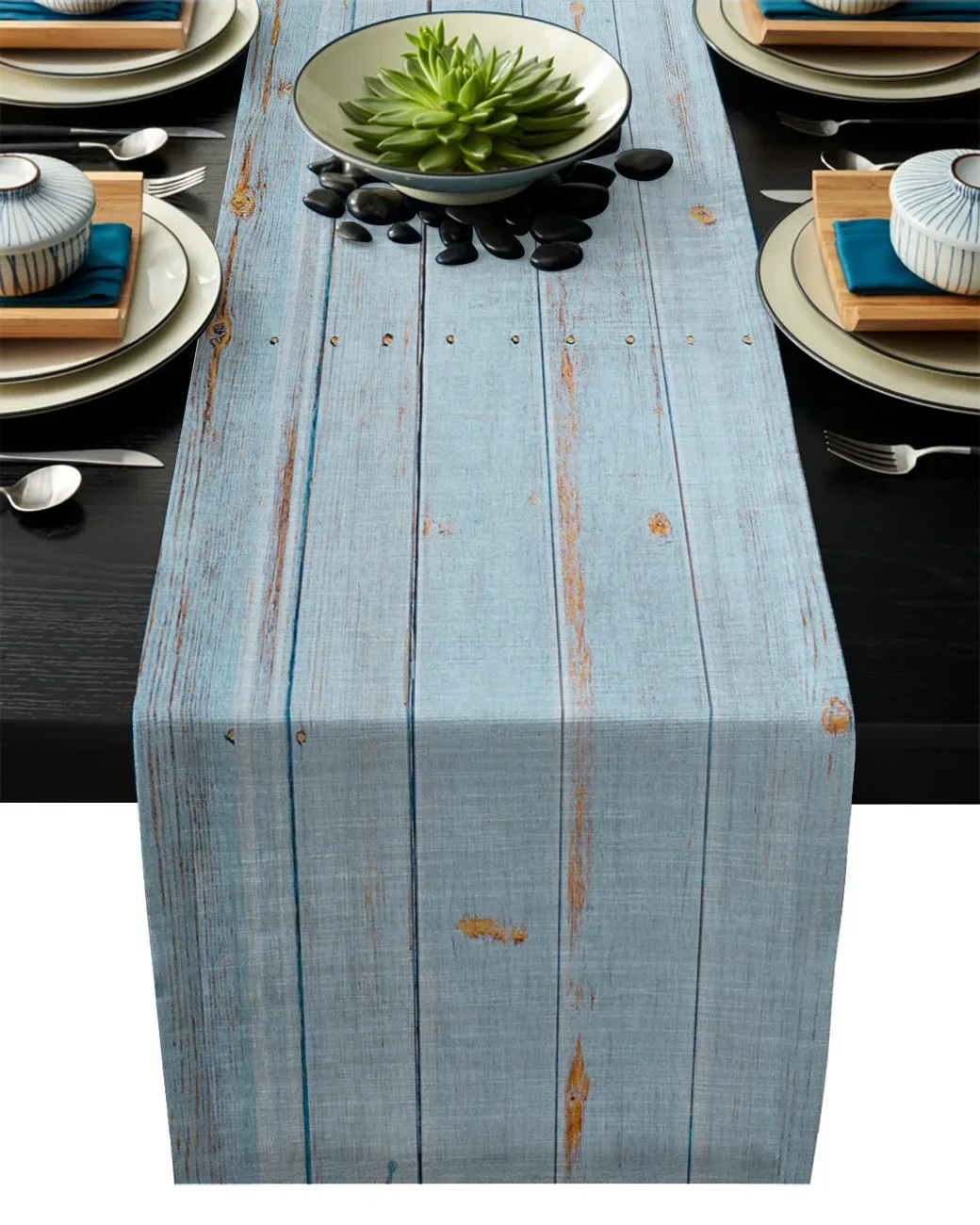 Vintage Wood Texture Wood Blue Rustic Home Table Runner Contracted Tea Table Cover Modern Placemat Coasters Kitchen Products