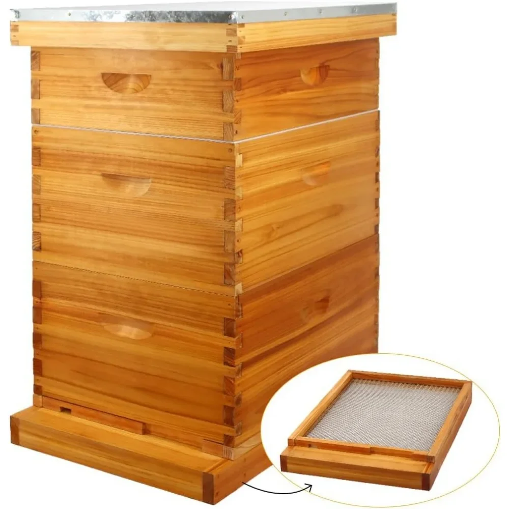 10 Frame Screened Bottom Board Beehive, Bee Hives Kit Includes 2 Deep Boxes & 1 Medium Box with Beehive Frames