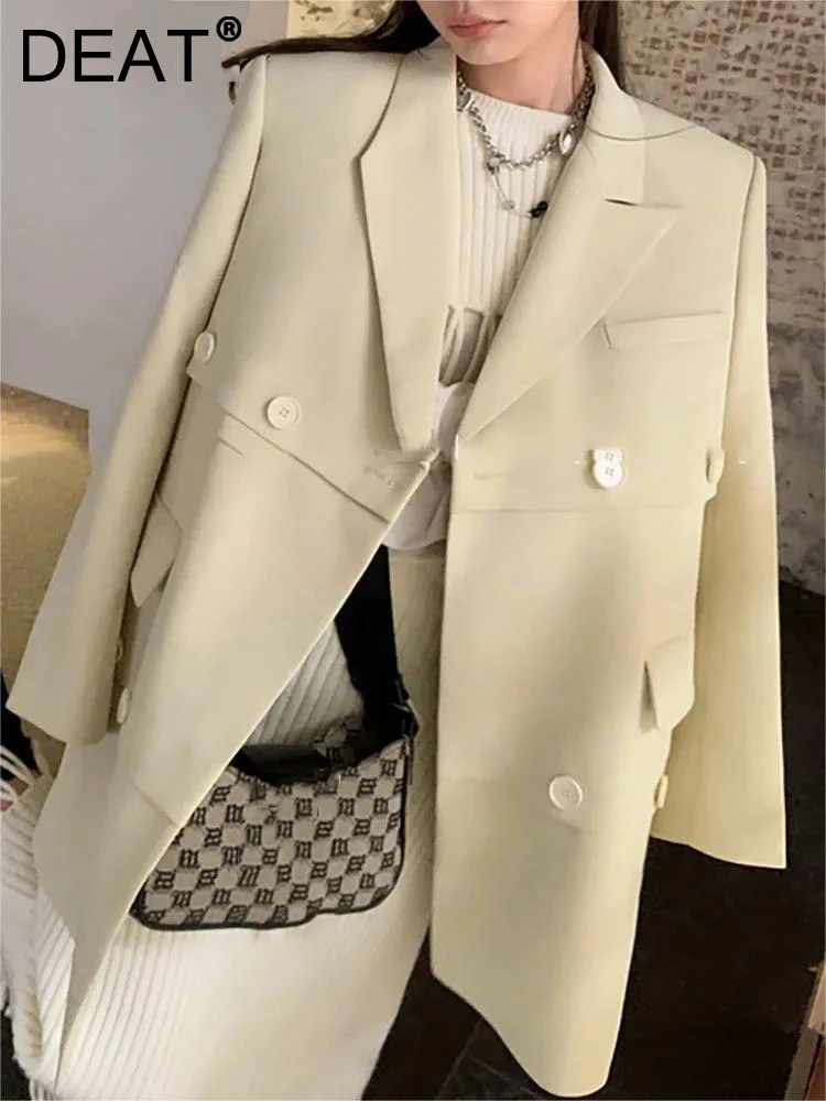 DEAT Fashion Women Blazer Notched Cut Off Sense Layering Pockets Multi Pockets Loose Cotton Suit Jackets Autumn 2025 New 17A1535