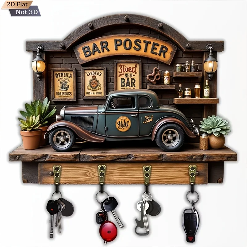 2D flach, 1 Stück, Vintage-Schlüsselhaken im Auto-Bar-Stil, multifunktionaler Hausschlüsselhaken aus Holz mit vier Metallhaken, Wanddekoration,
