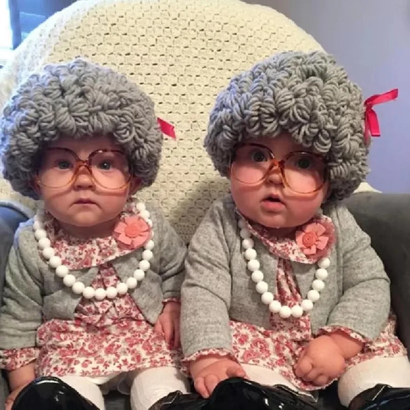 Cosplay Kids Boy Girl Hat Cute Old Lady Woman Curly Hair Wig Cap Skullies Beanies Winter Warm Knit Children Baby Hats and Caps