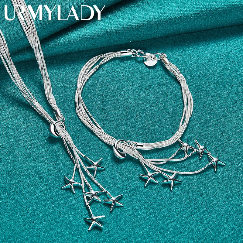 

URMYLADY 925 Sterling Silver Five Snake Chain Star Necklace Bracelet Set For Women Wedding Party Fashion Charm Jewelry