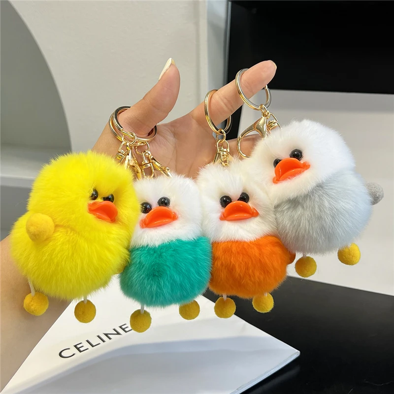 Cute Yellow Duck Toy Real Fur Keychain Rex Rabbit Plush Ball Women Handbag Ornaments Car Keyring Metal Ring Mobile Phone Pendant