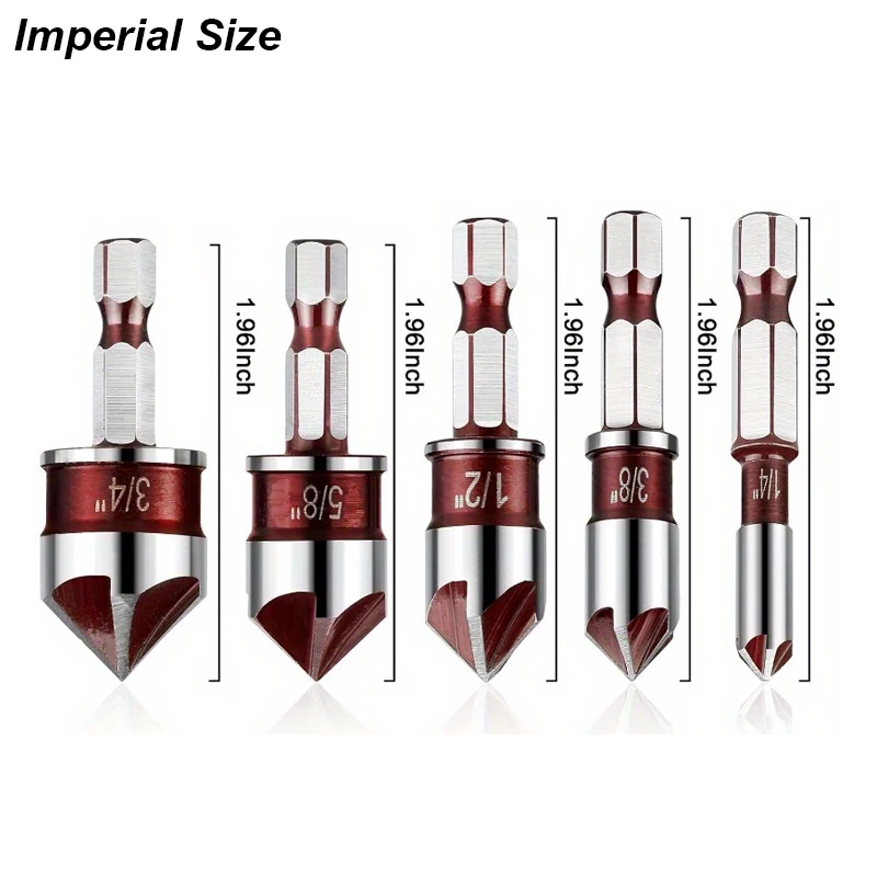 Eyech 6-Piece Hex Countersink Drill Bit Set – 5-Flute 82° HSS Bits For Wood & Plastic (6mm–19mm), Quick-Change 1/4" Shank