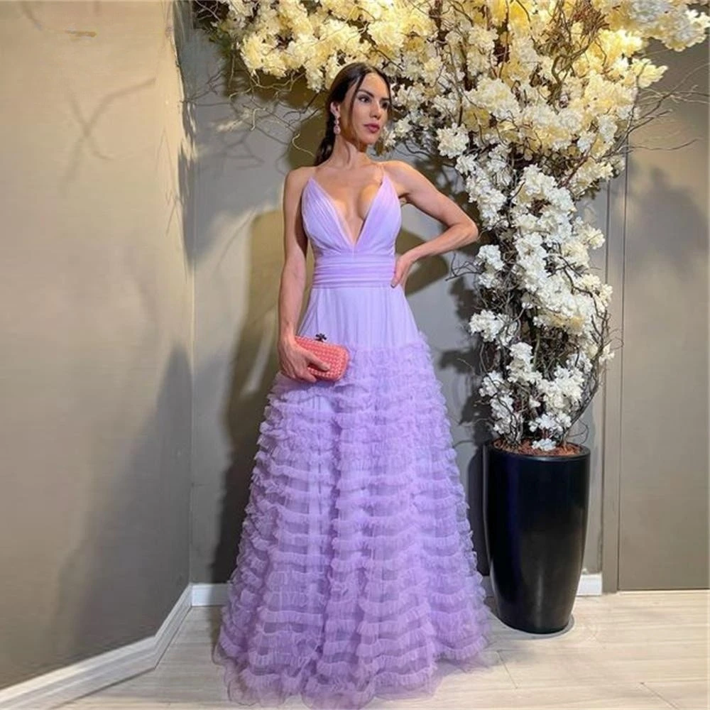 Vestidos de Noche formales largos personalizados para mujer, falda de tul escalonada con volantes y escote en V profundo, corte en A, sin espalda, para graduación de celebridades