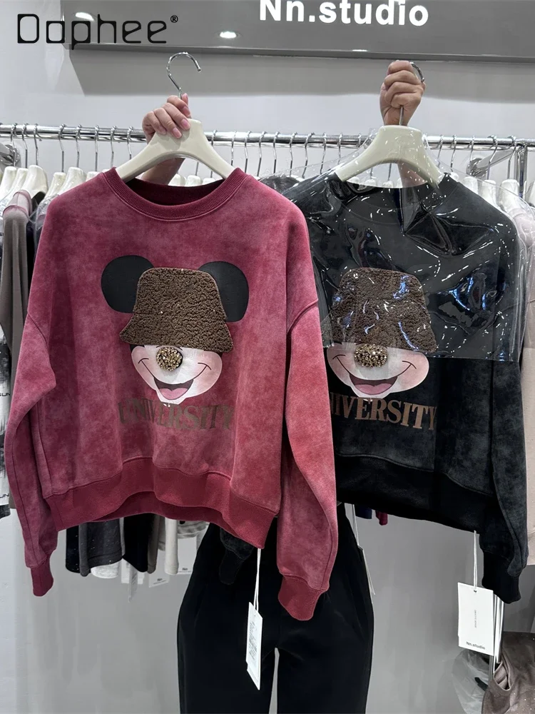 

Heavy Industry Cartoon Sweatshirts Women Autumn Winter New Loose Diamond Drop Shoulder Long Sleeve Round Neck Pullover Tops