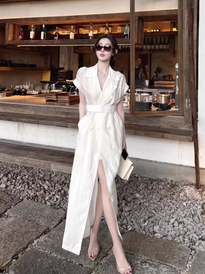 

Women'S Short Trench Coat Brown Leather Zipper Cyberpunk Tight Waist Split Hem Pu Black Stylish Green Belted Fit Travel Holiday