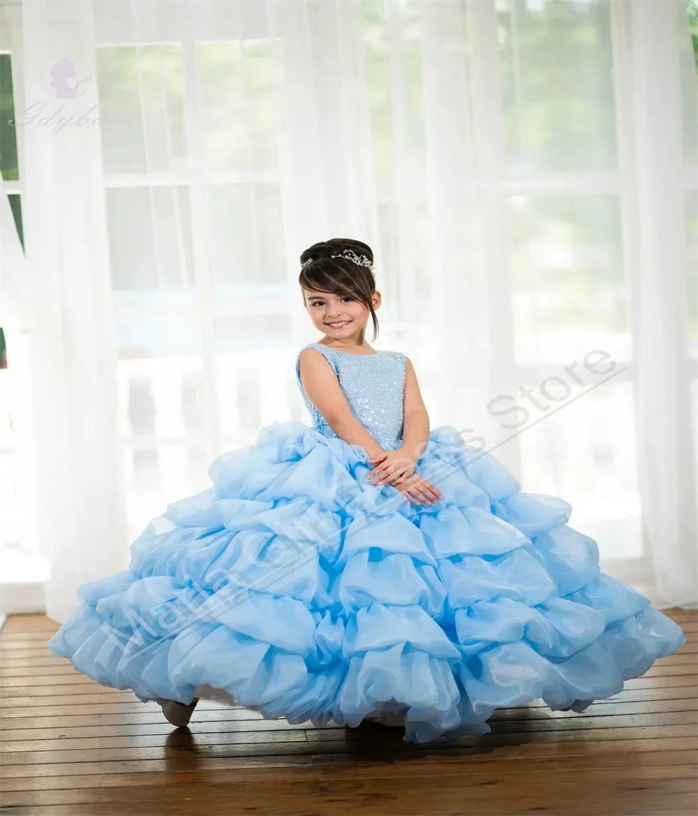 Witte pluizige bloemenmeisjesjurk voor bruiloft gelaagde baby kindergastheer schoonheidswedstrijd verjaardagsfeestje eerste communie