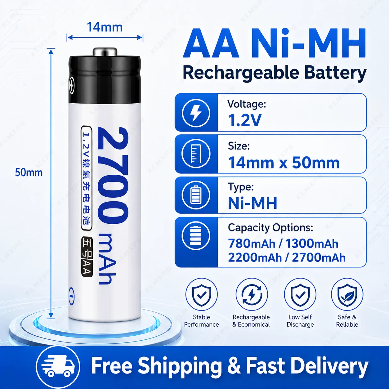 AA Rechargeable Ni-MH Battery 1.2V 780mAh 1300mAh 2200mAh 2700mAh High Capacity AA 5th Battery for Remote Control Toys Camera