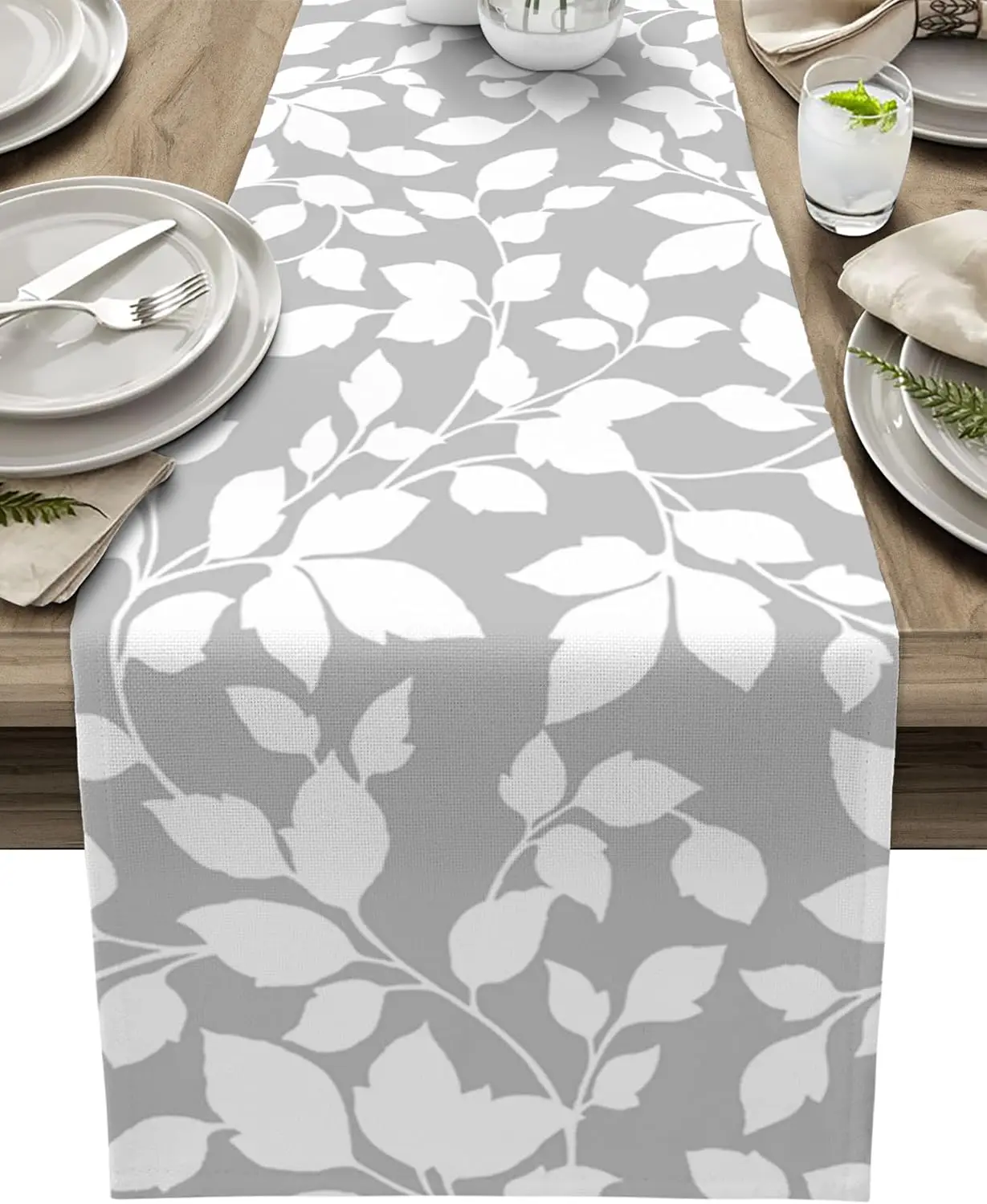 Spring Summer Grey Leaf Vines Linen Table Runner Party Decor Reusable Farmhouse Kitchen Dining Table Runner Wedding Decorations