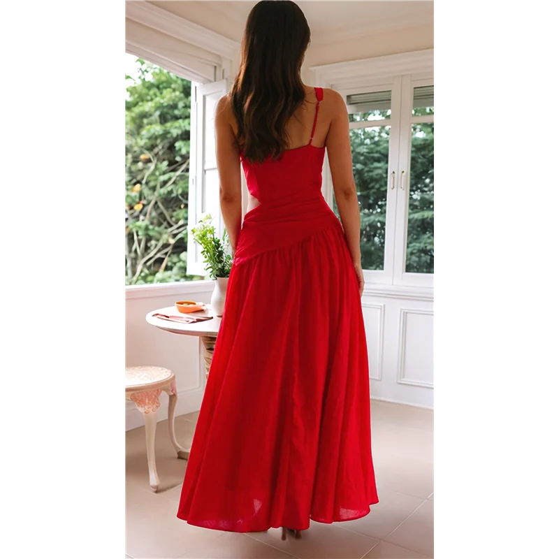 ASDS-Vestido feminino de festa de verão com cintura longa e franzido, decote em V fluido, vestidos femininos plissados