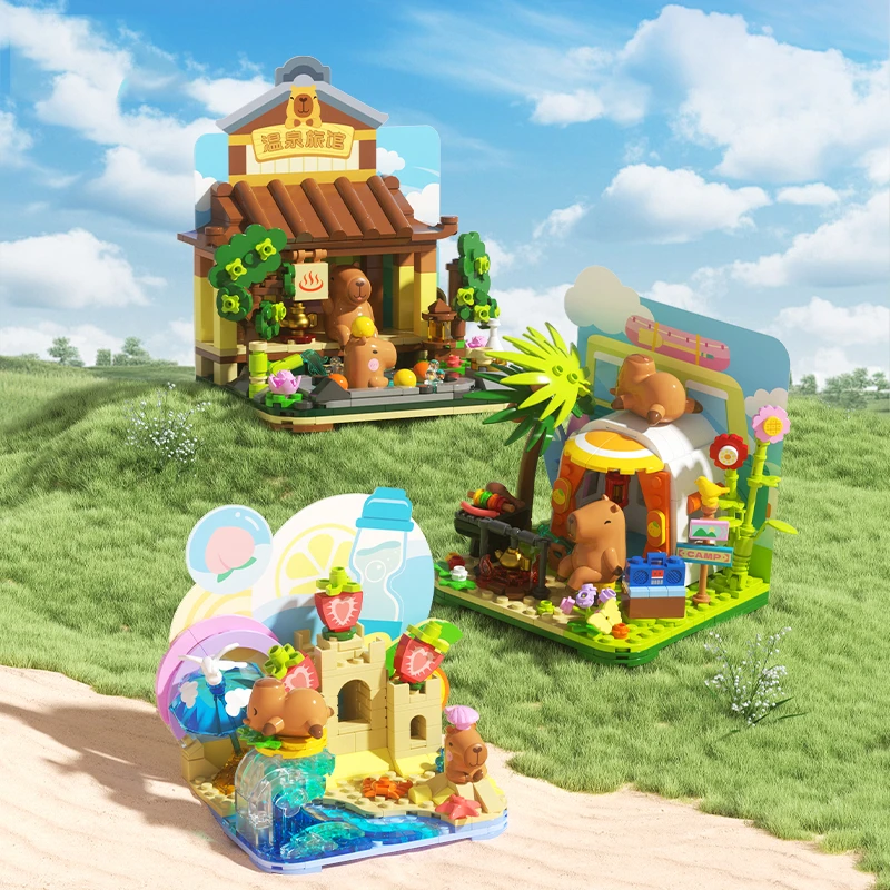 

Capybara Holiday Building Blocks Camping Spa Scene Model Bricks Desktop Ornaments Children's Educational DIY Toys Holiday Gifts