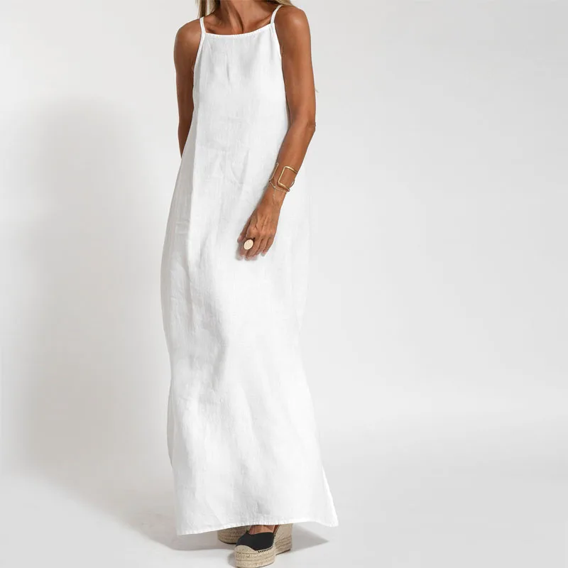 Robe longue fendue en coton et lin pour femmes, vêtement sexy, longueur au sol, respirant, décontracté, plage, soirée club