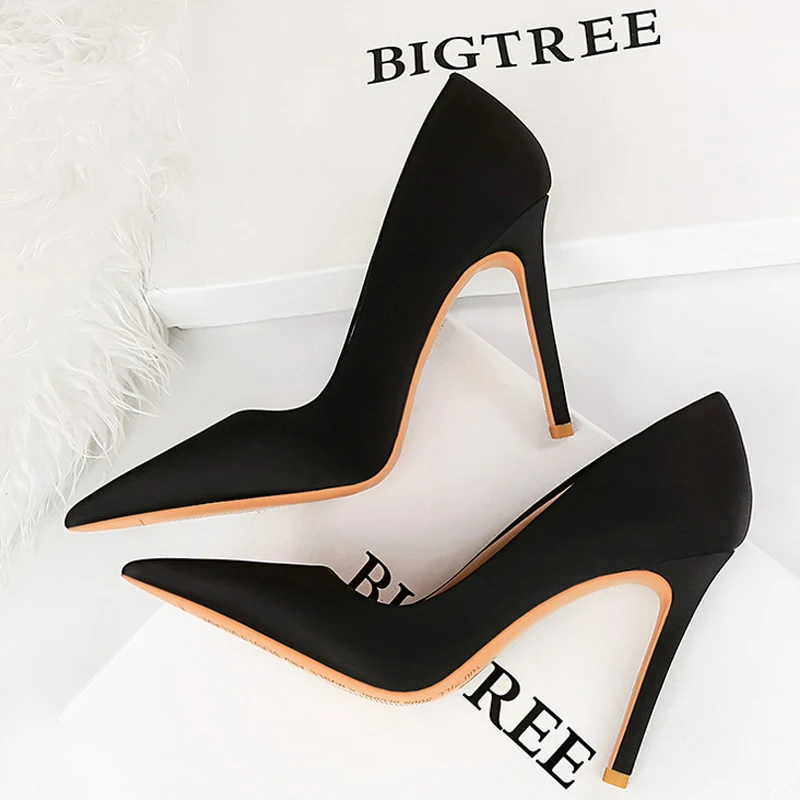 BIGTREE Shoes Fashion High Heels Silks Satins Women Pumps Pointed Shoes Lady Heels Stilettos Office Shoes Stilettos Plus Size 43