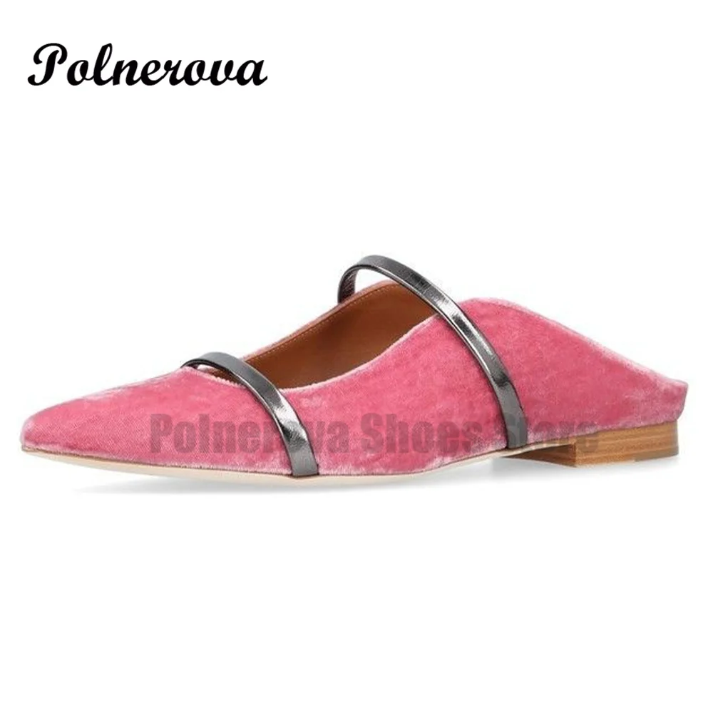 Double Straps Flats Mules Slippers Narrow Bands Pointed Toe Flats Shallow Ladies Beach Shoes Large Size Tendencia Zapatos Mujer