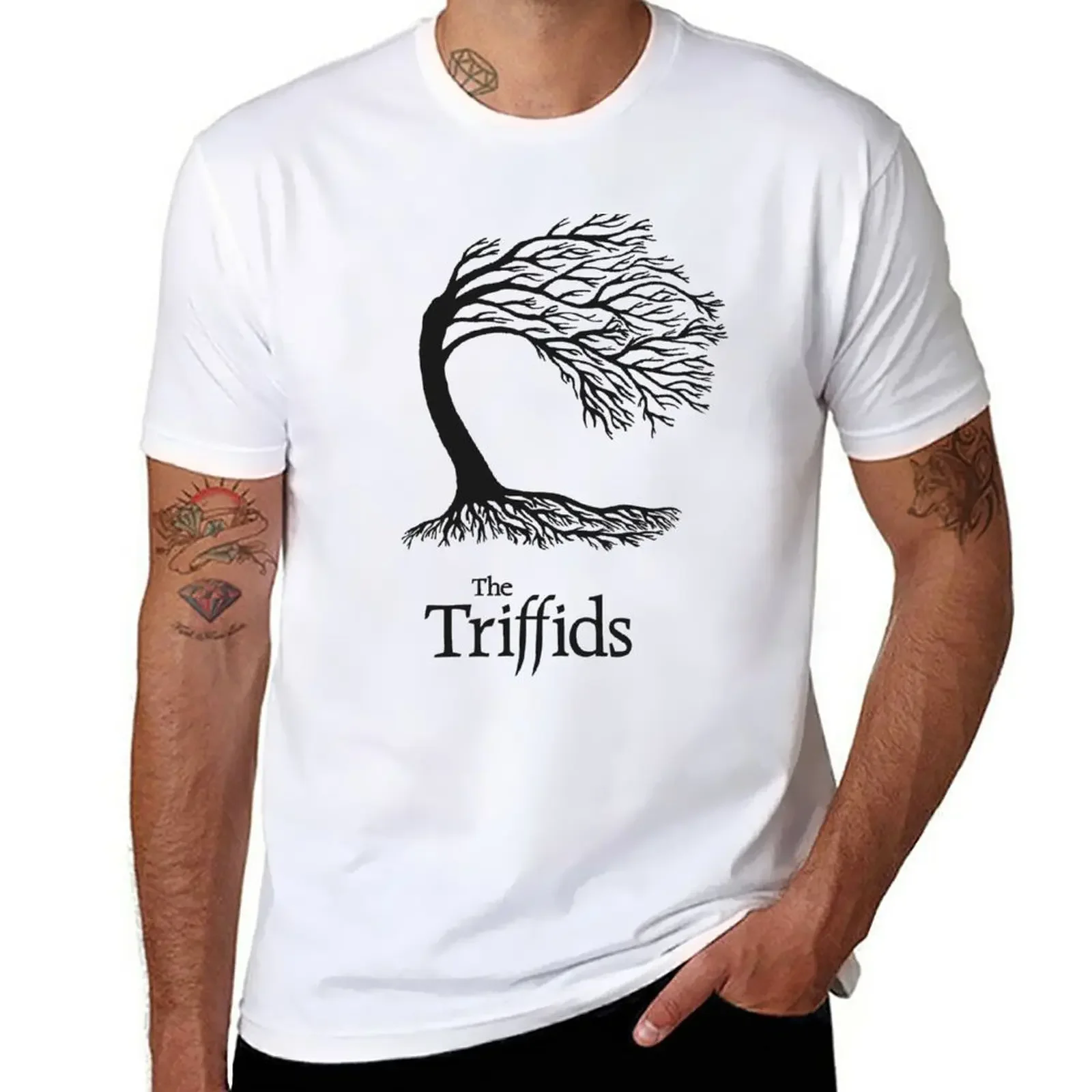 Triffids tree and logo in black - tree by Martyn P Casey T-Shirt sports fans plus size tops T-shirts for men cotton