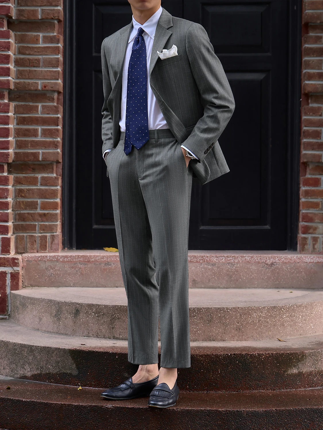 YF49 Italian Striped Men's Single-breasted Commuter Suit Slim-fit Fashion Business Casual Professional Formal Jacket