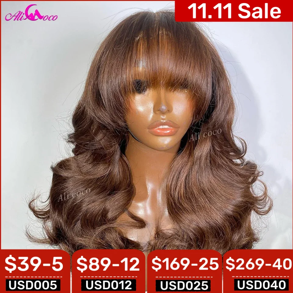 13x6 Brown Colored Long Body Wave Wig With Bangs Transparent Lace Frontal Wigs 13X4 Human Remy Hair Wig For Women 180 Density