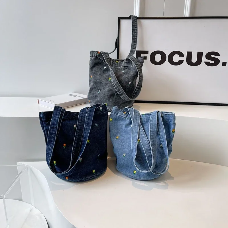 Solid Hot Selling Casual Shoulder Bags Sewing Thread Hasp Denim Handbags for Women 2024 Versatile Basic Style Embroidery