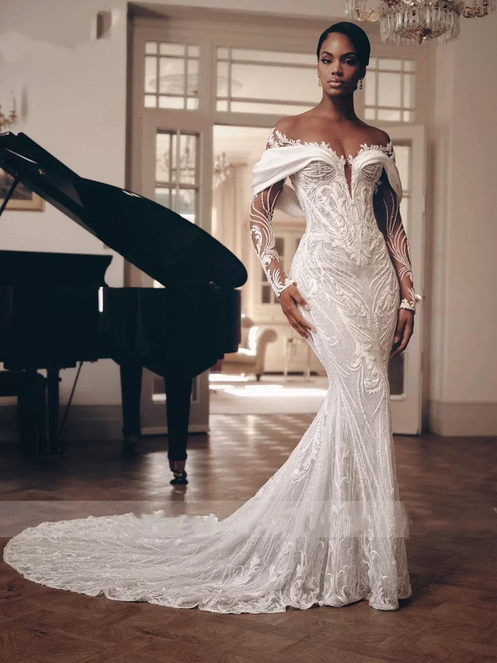 

Luxury Beaded Mermaid Wedding Dress Lace Embroidery Illusion Neck Bridal Gowns for Women's Vestidos De Novia Customized