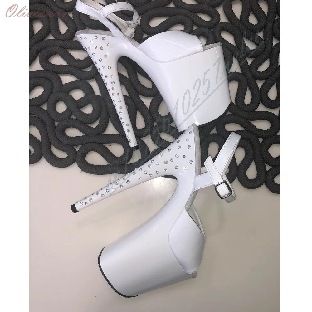 White Shiny Leather Back Glitter Crystals Decor Sandals Dance Stiletto High Heel Peep Toe Platform Nightclub Women Dance Shoes