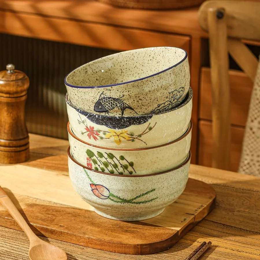Retro Ceramic Underglaze Rice Bowls Hand-Painted Lotus Ramen Soup Salad Bowl Kitchen Tableware Noodle Holder Rice Bowl