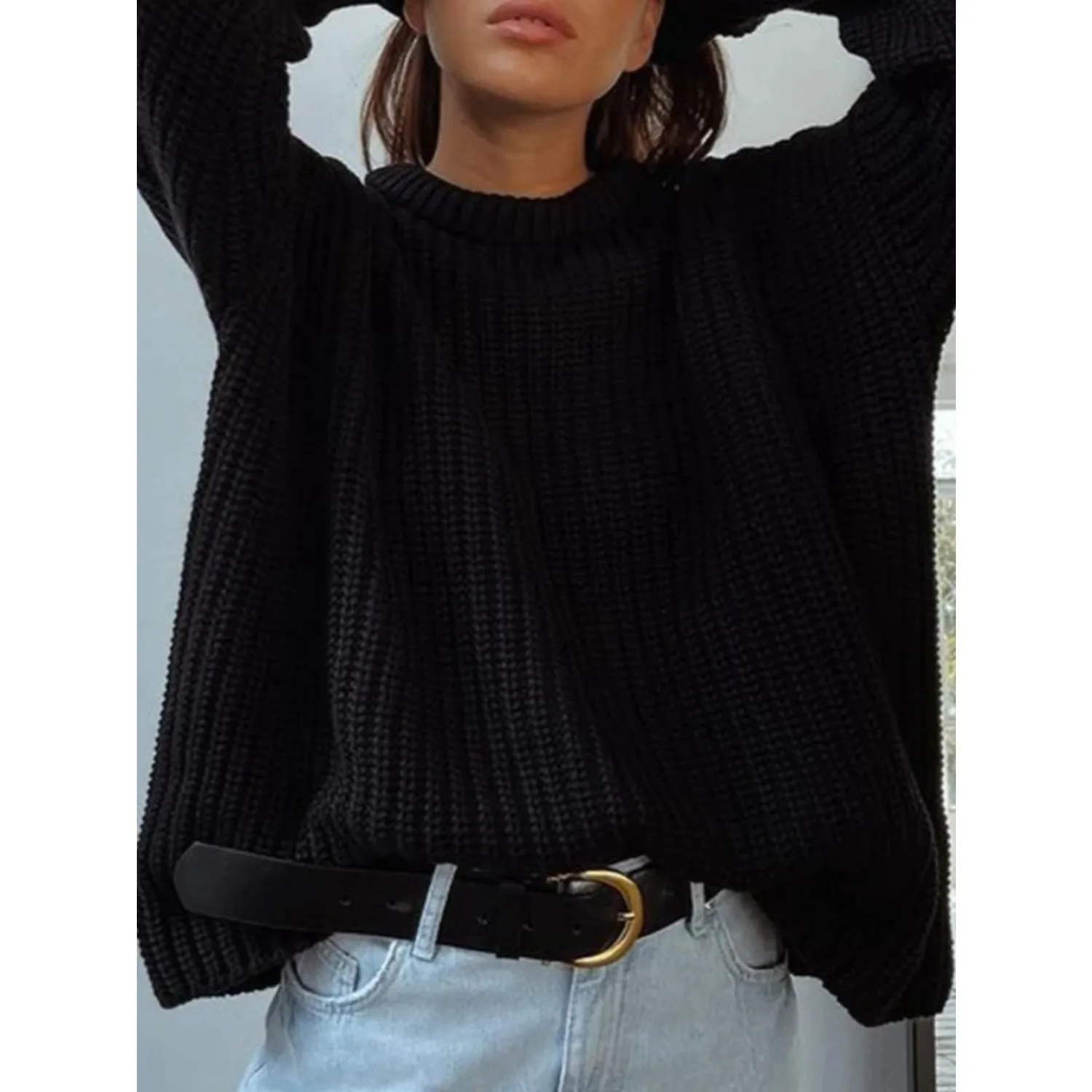 เสื้อสเวตเตอร์ผู้หญิงแขนยาวสีพื้นเรียบง่าย คอทรงกลม ถักนิตติ้ง สีพื้น ทรงหลวม สำหรับฤดูใบไม้ร่วง