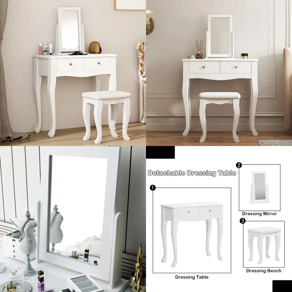 

Contemporary Wooden Vanity Dressing Table with 360° Swivel Mirror and Stool, Multifunctional Makeup Dressing Station