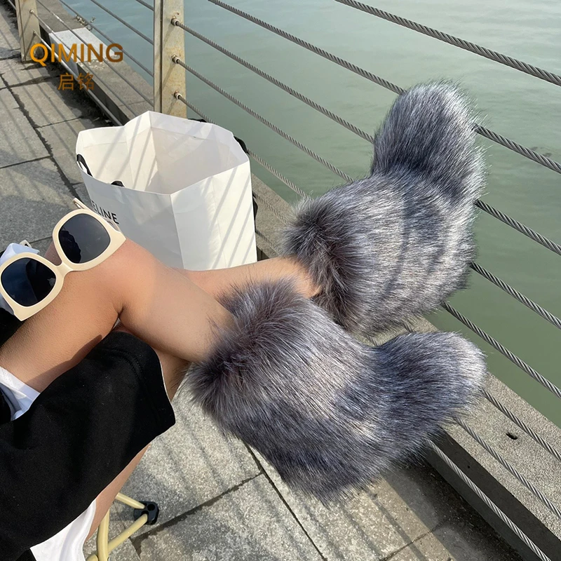 Winter Women Fluffy Faux Fox Fur Boots Woman Plush Warm Snow Boots Luxury Footwear Girls Furry Fur Bottes Fashion Winter Shoe