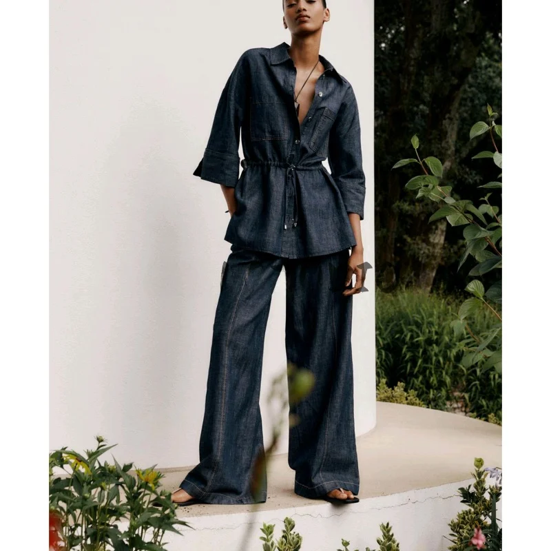 

Fall New Women's Denim Hunting irt Casual Wide Leg Pants Two Piece Set Long Sve Button up Collar Adult Faion Ensemble