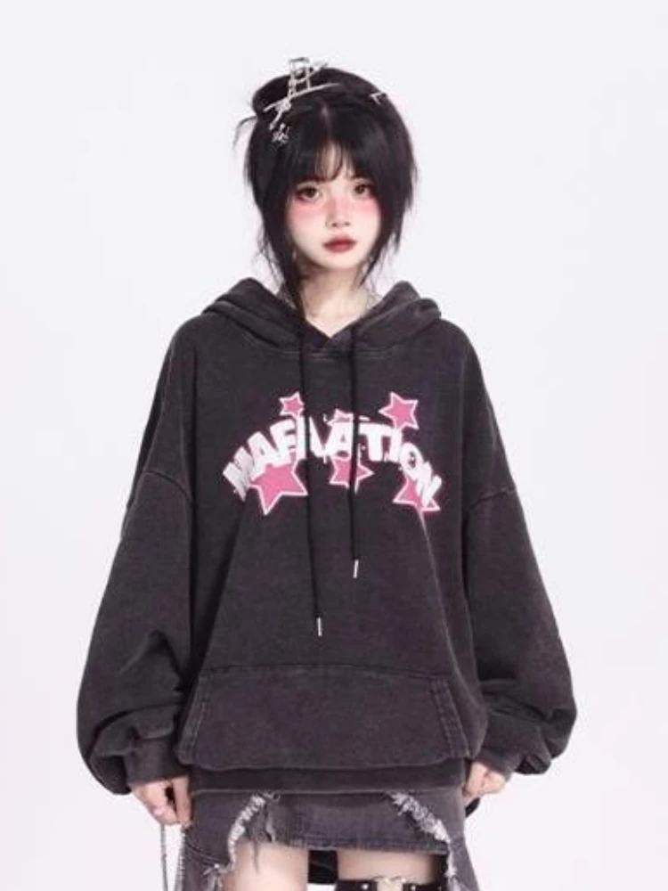 KOSAHIKI Spring Autumn Loose Hoodie Women Harajuku Gothic Star Print Vintage Hoody Streetwear Pullover Y2k Aesthetic Sweatshirt