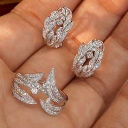 Aazuo 18K White Gold Real Diamonds Luxury Leaves Jewerly Set Rings Earring Gifted For Women  Engagement Halo anillos mujer Party