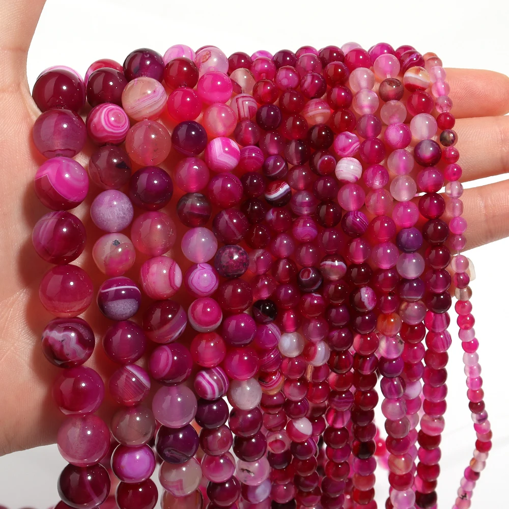 1 Strand Pink Natural Agate Loose Beads Gemstone RoundNatural Stone Beads for Jewelry Making DIY Bracelet Necklace 4/6/8/10/12mm