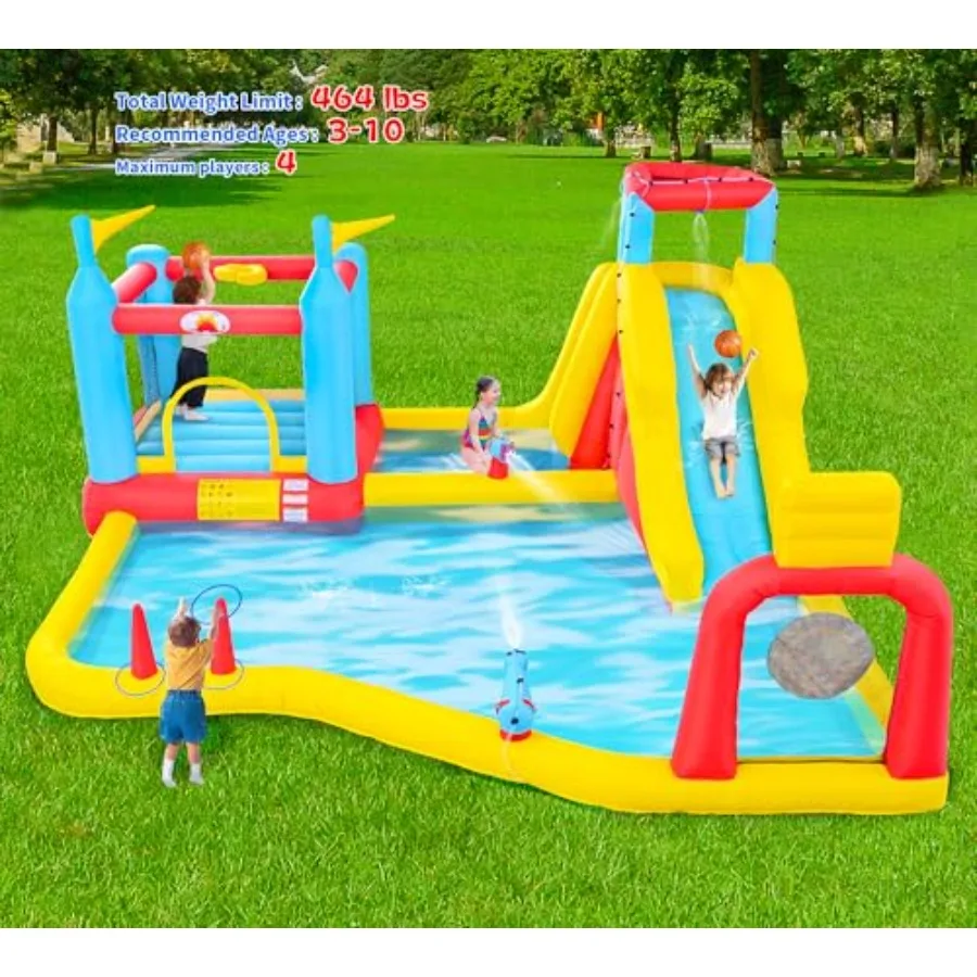 Opblaasbaar springkasteel met ventilator Springkasteel met klimmuur Dubbele basketbalhoepels Dartbord Ring Toss