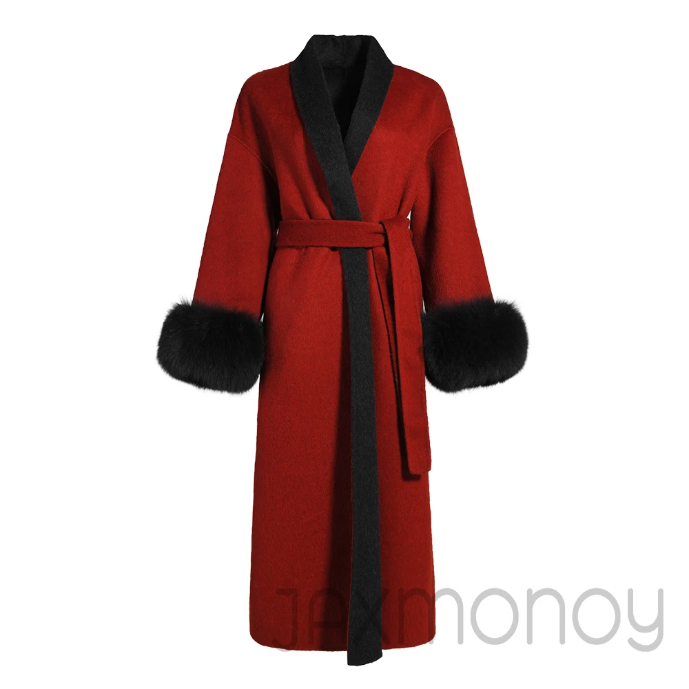 Jaxmonoy 2025 Winter Coat for Women Real Fox Fur Cuffs Long Wool Jackets Ladies Autumn Elegant Belt Slim Woolen Coat New Arrival