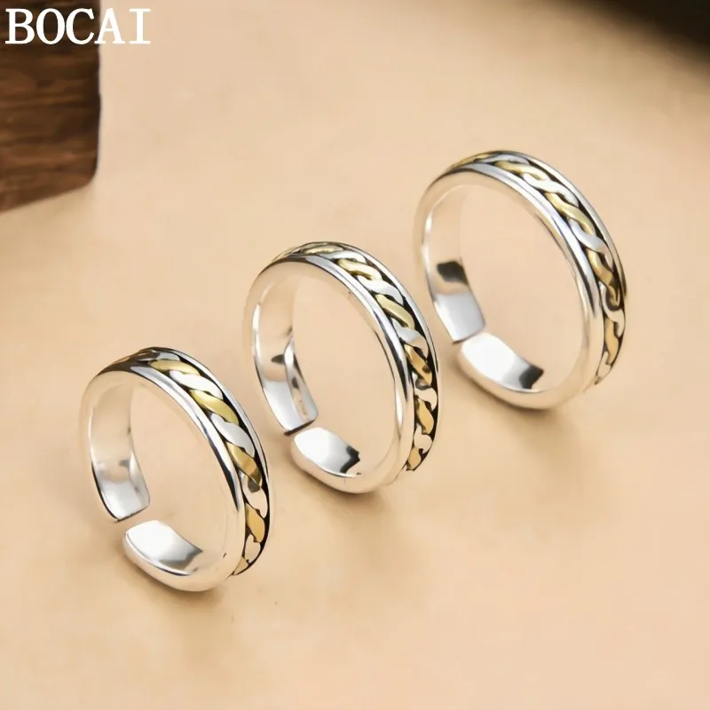 

BOCAI S925 Sterling Silver Rings for Men Women New Women's Fashion Simple Weaven Pattern Pure Argentum Hip-hop Punk Jewelry