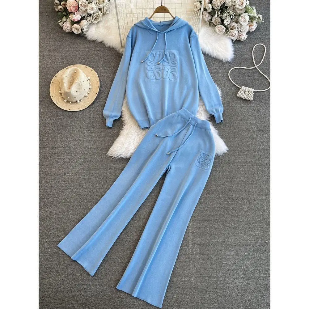 Autumn and winter Korean women's loose knit hooded top+casual high waisted straight leg wide leg pants two-piece set